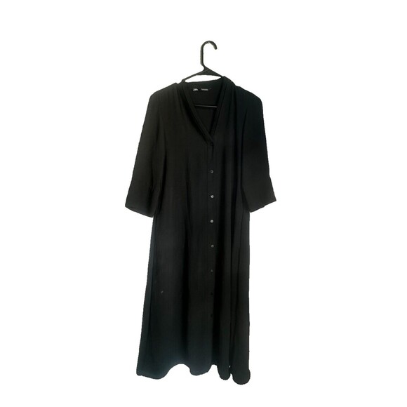 Zara Black Dress Soya Raya Button Down V-neck Midi Dress Short Sleeve Size XS - Picture 1 of 3